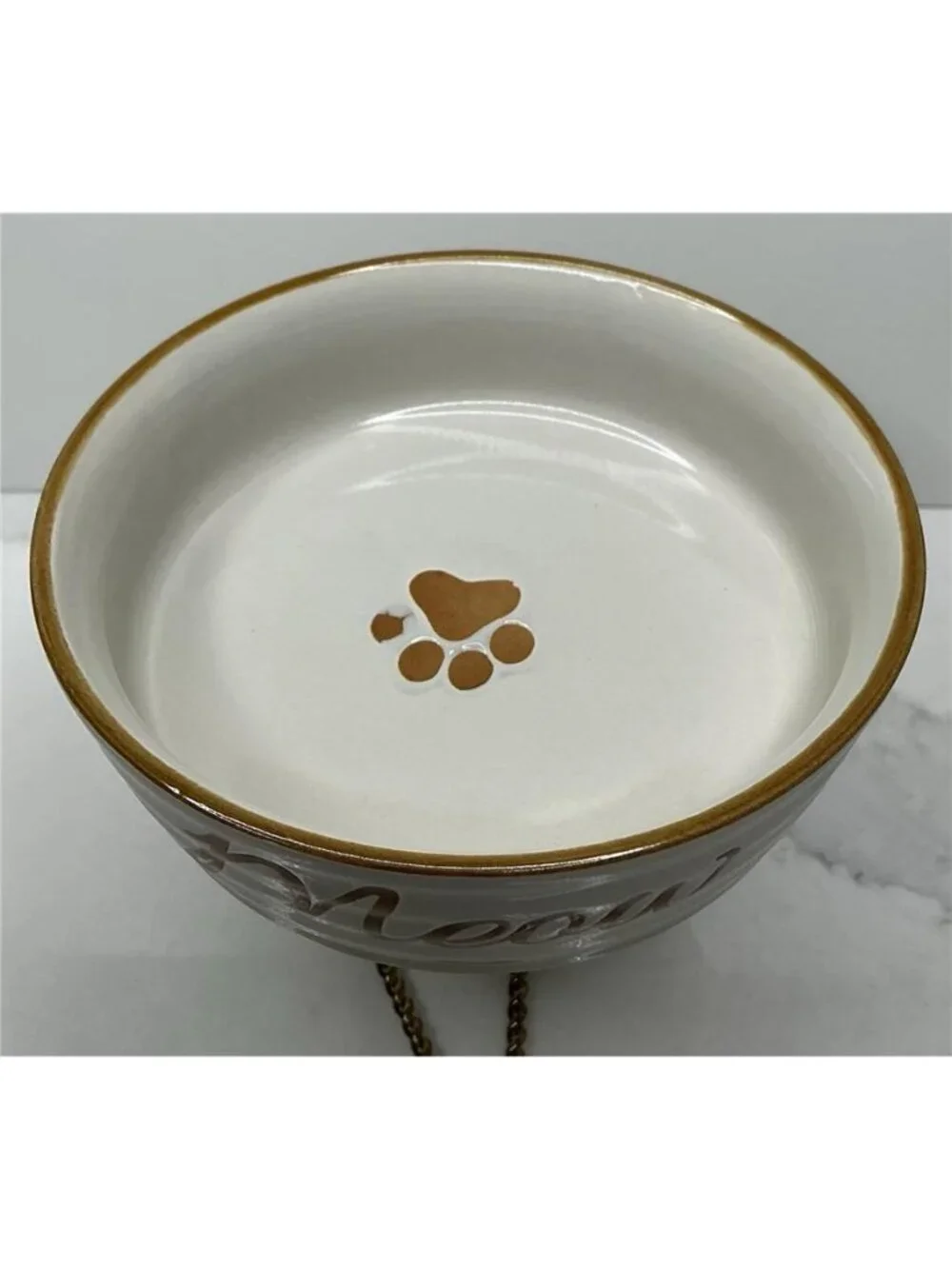 Spectrum Designz Cat Dish Ceramic Pet Bowl Tan Meow Paw Fifi Elegant 4.9” New